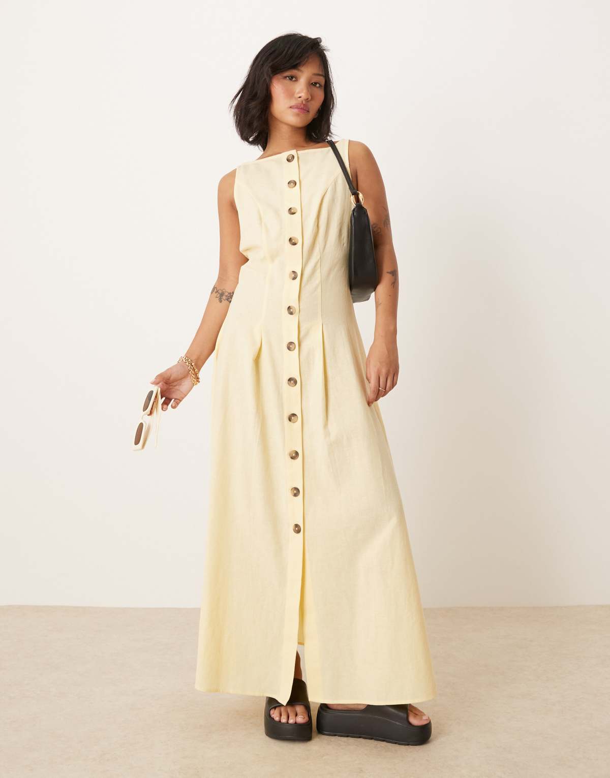 ASOS DESIGN Petite slash neck button down waistcoat maxi dress in buttermilk
