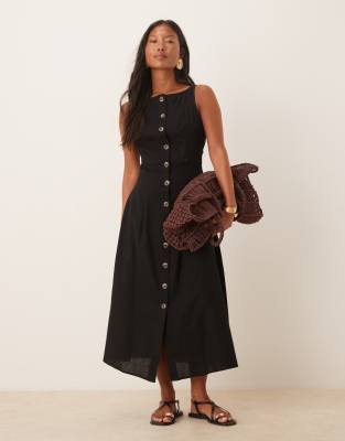 ASOS Petite ASOS DESIGN Petite slash neck button down waistcoat midi dress black