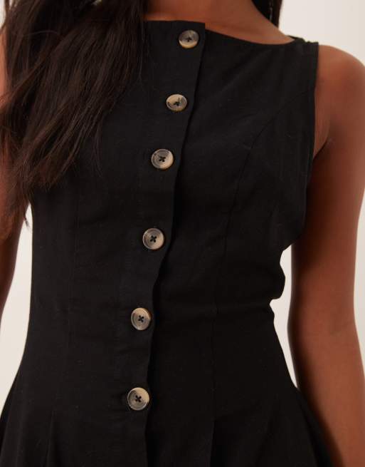 ASOS DESIGN Petite slash neck button down waistcoat midi dress in black, 2 of 4