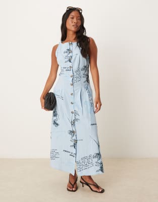 ASOS Petite ASOS DESIGN Petite slash neck button down waistcoat midi dress in blue floral print-Multi