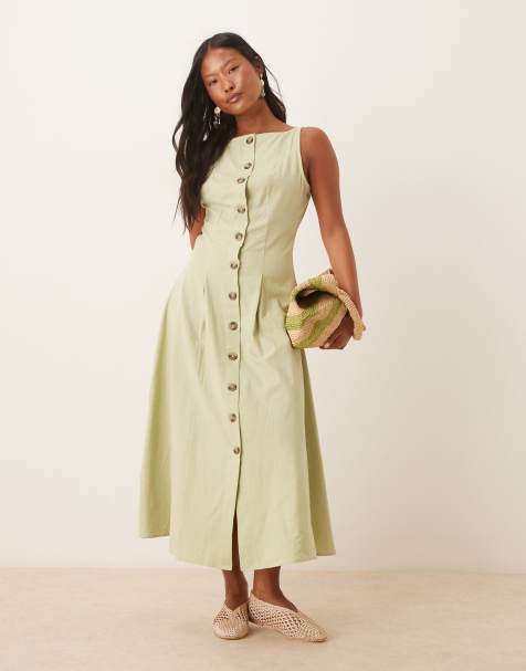 ASOS DESIGN Petite slash neck button down waistcoat midi dress sage - view 1