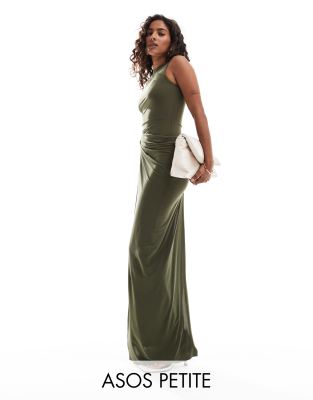 ASOS DESIGN Bridesmaid satin cowl neck maxi dress with full skirt in olive  green | ASOS