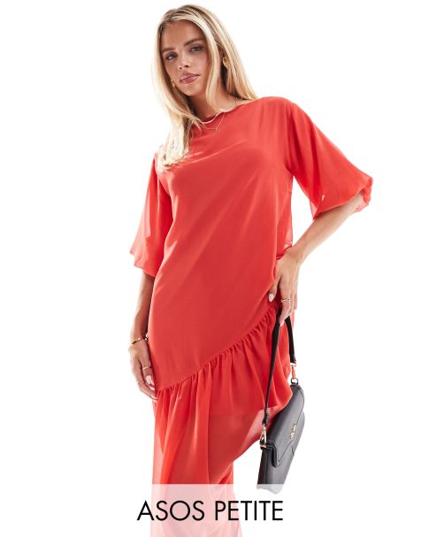 ASOS DESIGN Petite slash neck gathered asymmetric midi dress in red - view 1