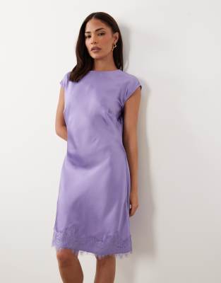 Asos Petite Asos Design Petite Slash Neck Satin Mini Dress With Lace Hem In Purple