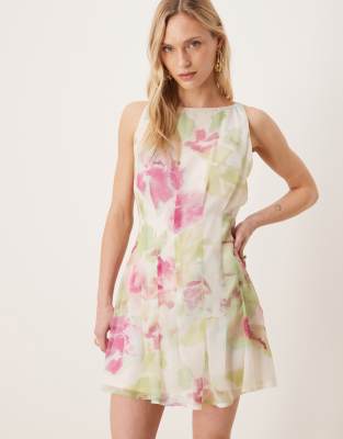 Asos Petite Asos Design Petite Slash Neck Seamed Godet Mini Dress In Multi