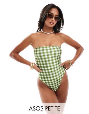 ASOS DESIGN Petite sleek bandeau swimsuit in green gingham