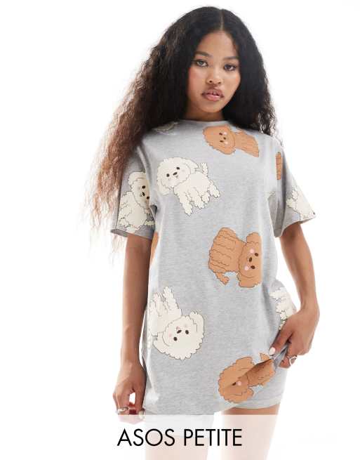 ASOS DESIGN Petite sleep tee in dog print with legging shorts in grey marl