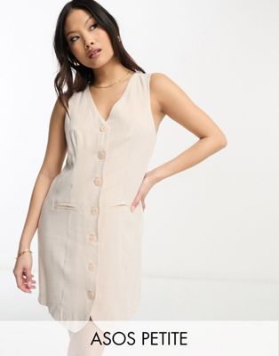 ASOS DESIGN Petite sleeveless button through waistcoat dress in natural
