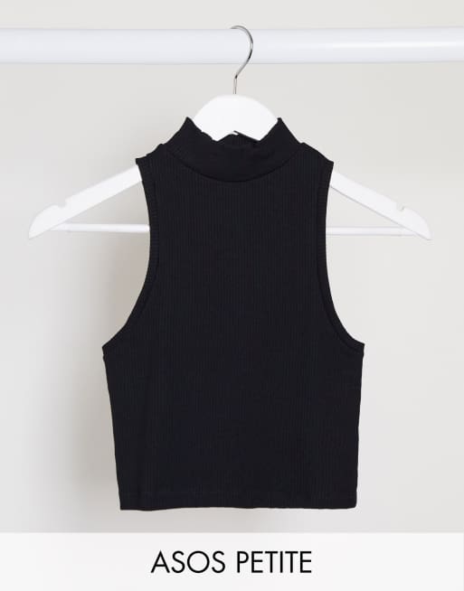 ASOS DESIGN Petite sleeveless crop top in cutabout rib with turtleneck in black