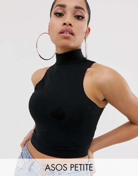 ASOS DESIGN Petite sleeveless crop top with high neck in black - view 1