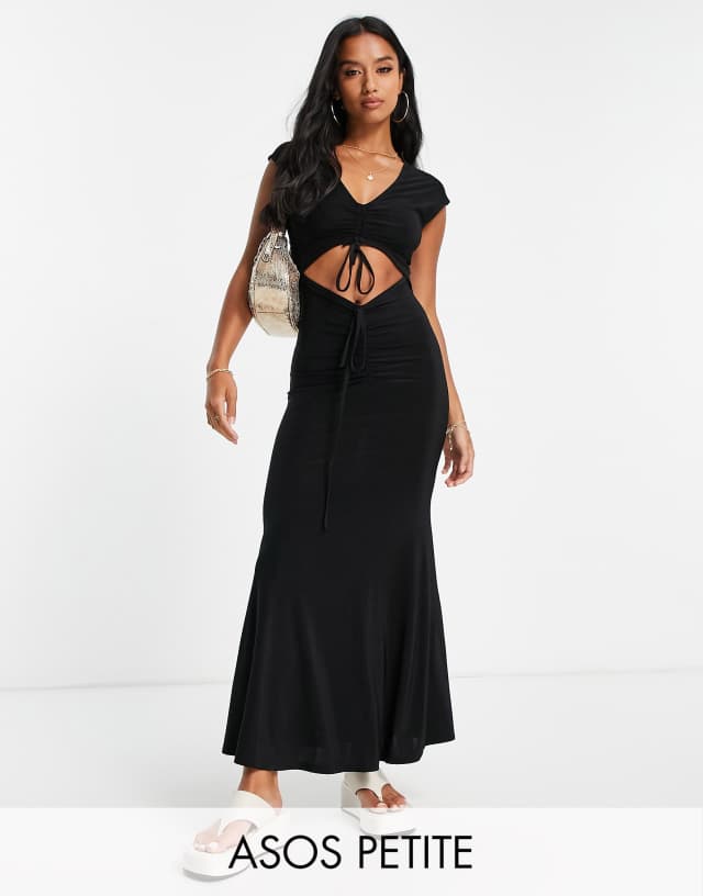 ASOS DESIGN Petite sleeveless midi dress with ruching detail and cut-out in black