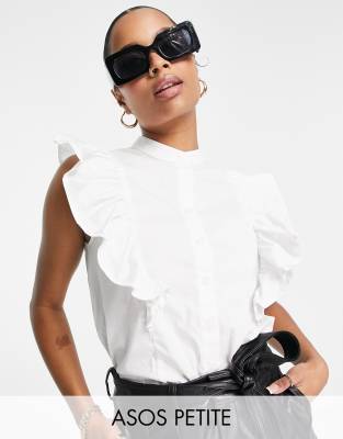 ASOS DESIGN Petite sleeveless shirt with frill detail in ivory-White