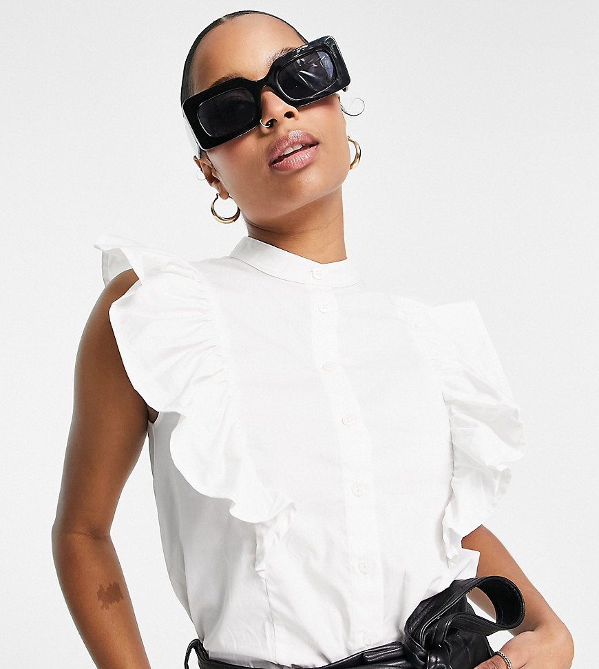 Asos Petite Asos Design Petite Sleeveless Shirt With Frill Detail In Ivory-white