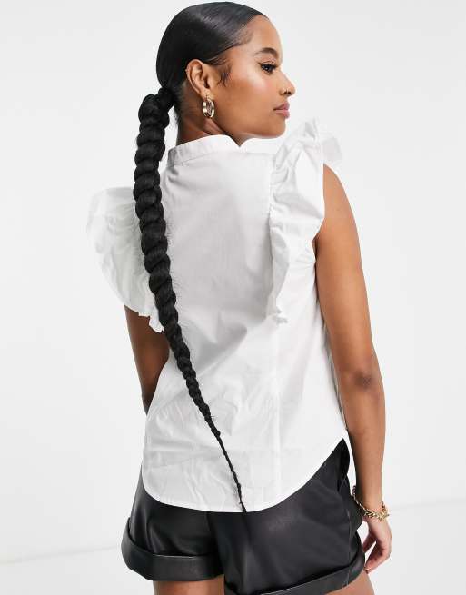 ASOS DESIGN Petite sleeveless shirt with frill detail in ivory, 2 of 4