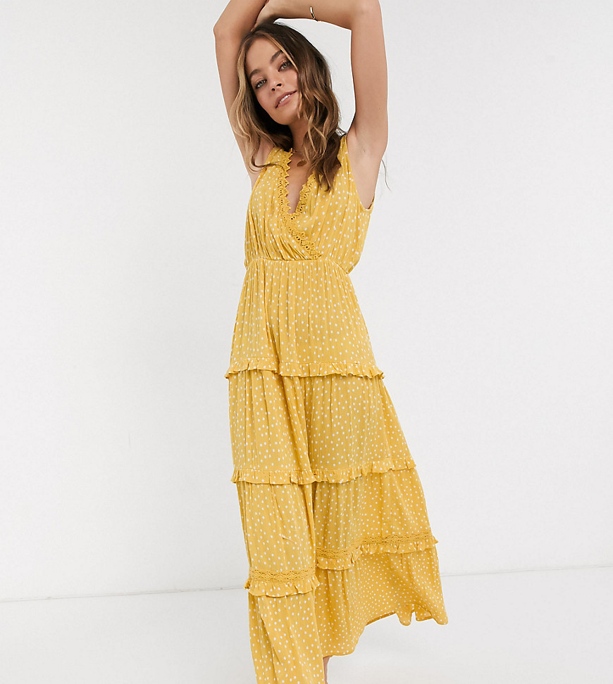 Asos Petite Asos Design Petite Sleeveless Tiered Crinkle Maxi Dress With Lace Inserts In Mustard Spot-multi