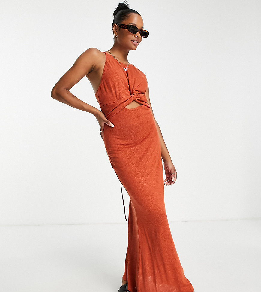 ASOS DESIGN Petite sleeveless twist front bodycon midi dress in rust-Orange