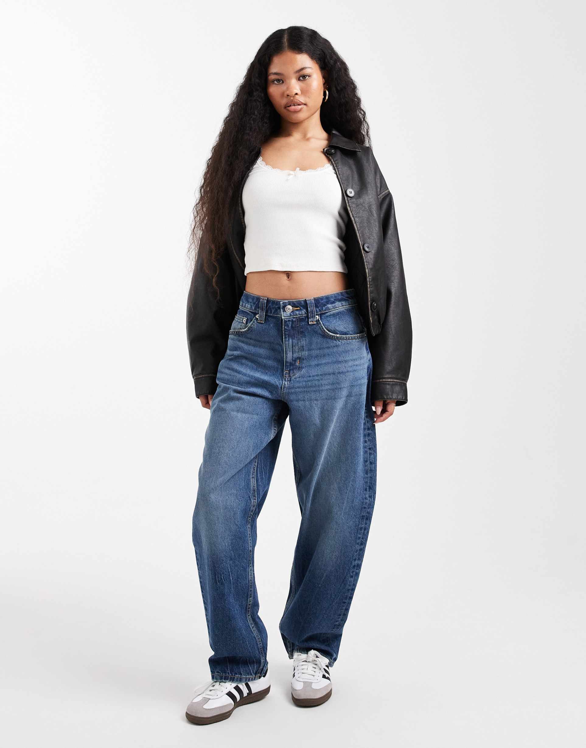 asos design petite slim barrel leg jeans in mid blue