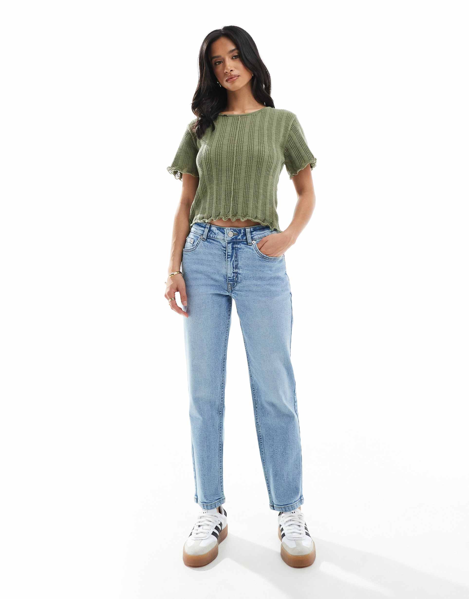 asos design petite slim fit mom jeans in mid blue