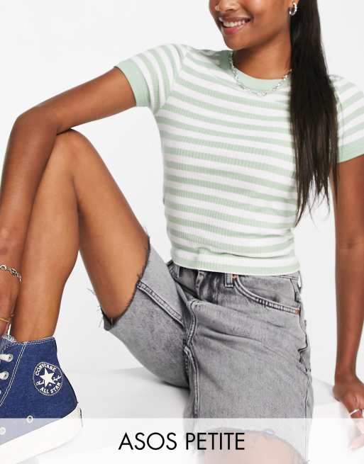 ASOS DESIGN Petite slim fit t-shirt in rib in sage stripe