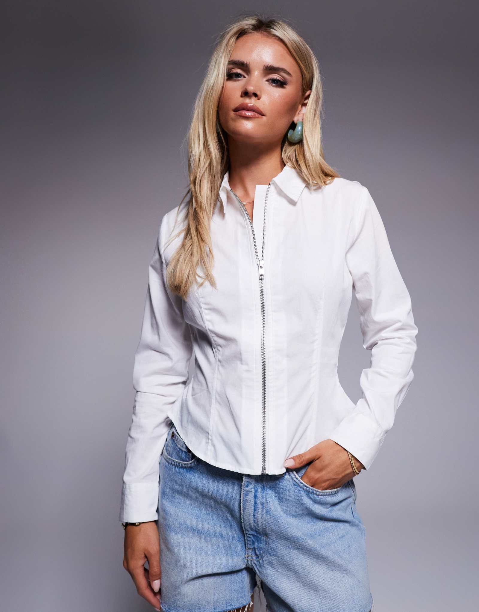 Белая рубашка на молнии ASOS DESIGN Petite slim fit