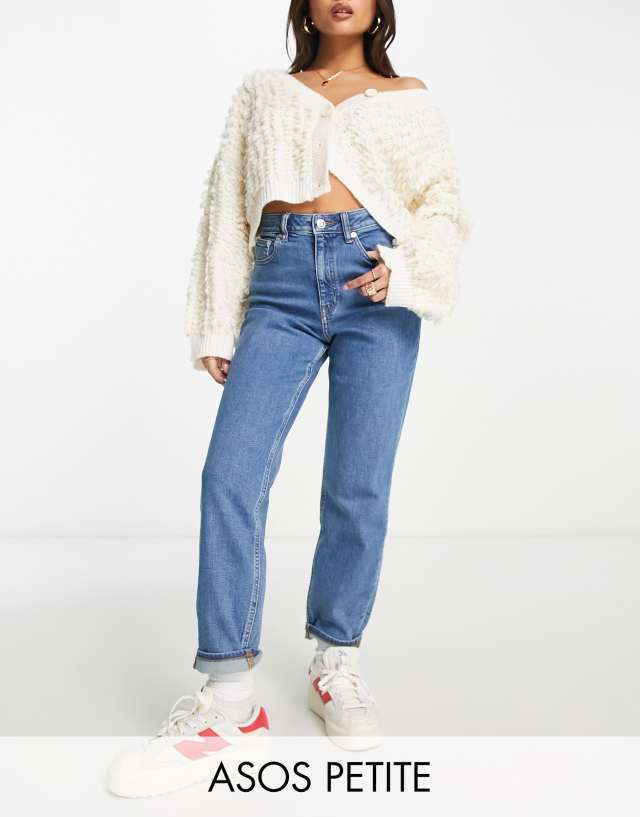 ASOS DESIGN Petite slim mom jeans in mid blue