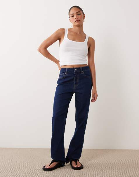 ASOS DESIGN Petite slim straight leg jean in dark wash blue - view 1