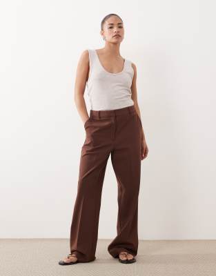 Asos Design Petite Slim Straight Pants In Brown