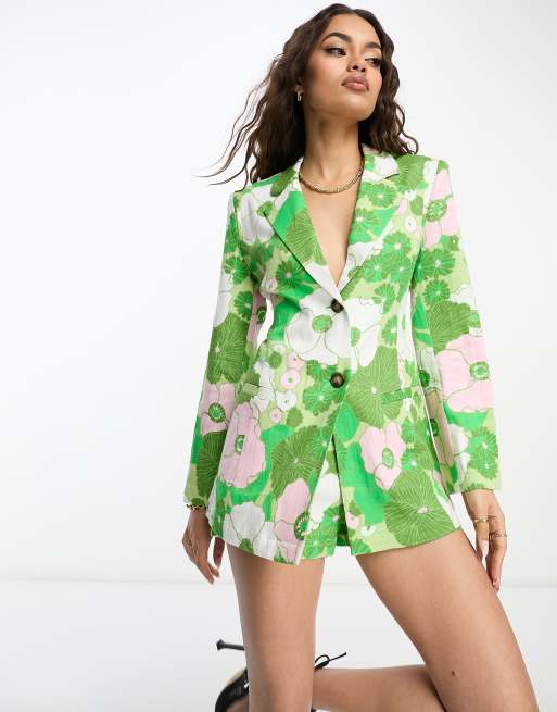 ASOS DESIGN Petite slimline tie back linen mix suit blazer in retro floral print