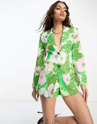 ASOS DESIGN Petite slimline tie back suit blazer with linen in retro floral print-Green