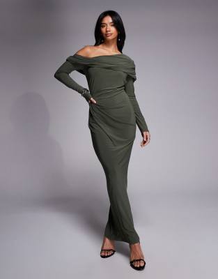 slinky long sleeve fallen shoulder with drape and ruching detail maxi dress in khaki
