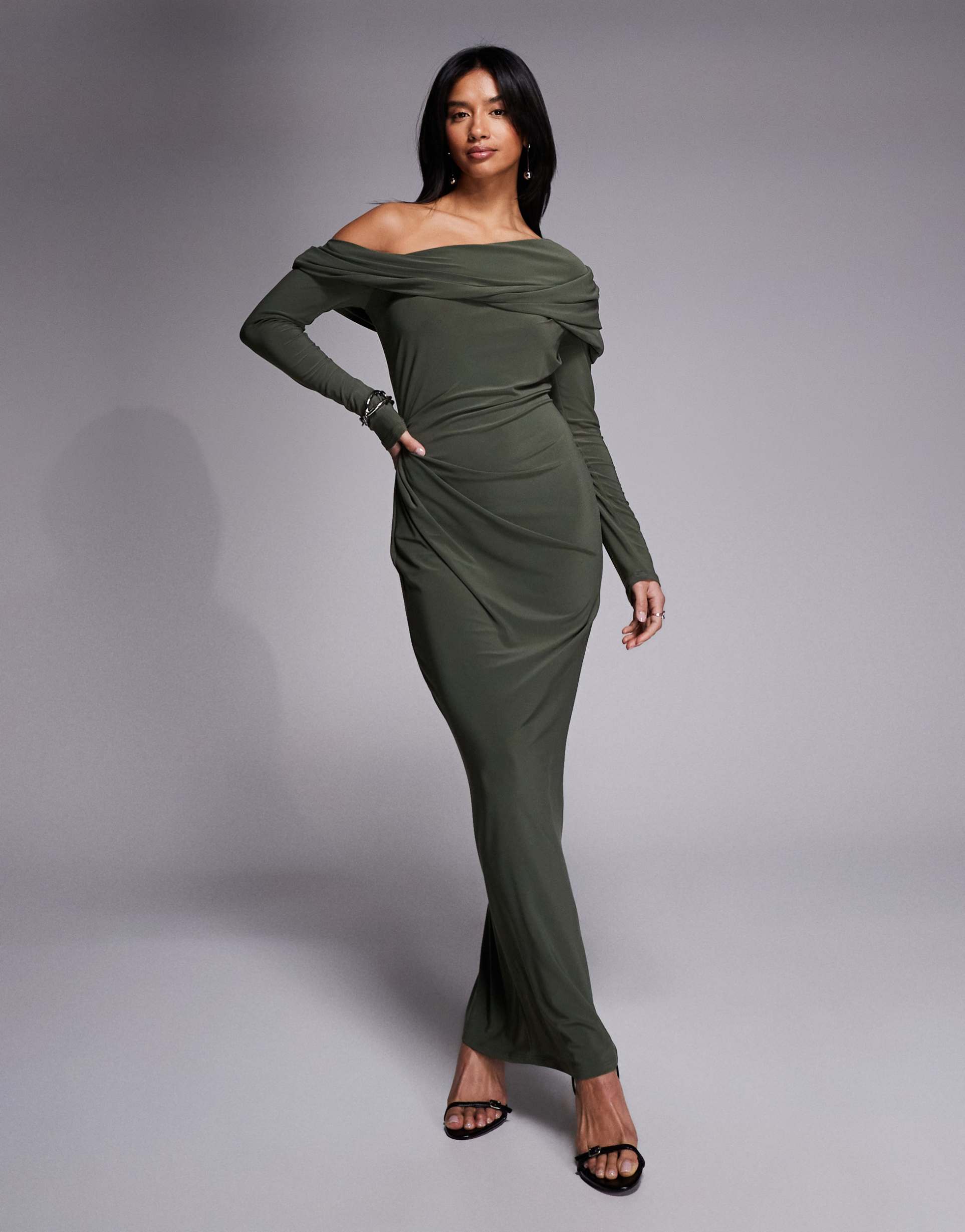 asos design petite slinky long sleeve fallen shoulder with drape and ruching detail maxi dress in khaki