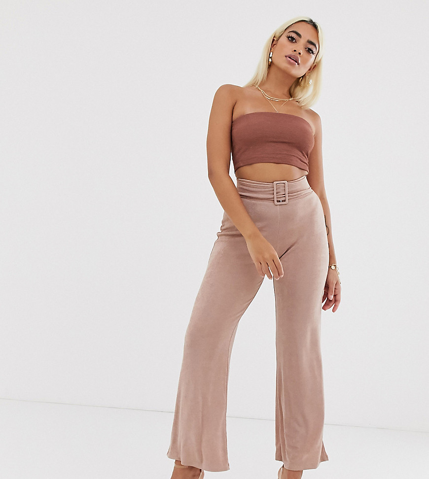 ASOS DESIGN Petite slinky wide leg trouser with self covered belt-Pink