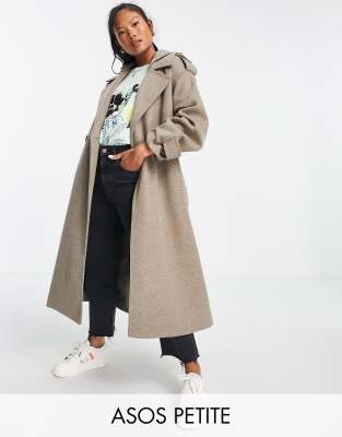 ASOS DESIGN Petite slouchy belted coat with hood in mushroom-Grey