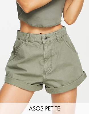 ASOS DESIGN Petite slouchy mom short in washed khaki-Green