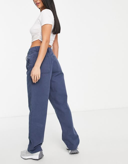 ASOS DESIGN Petite slouchy straight leg pants in navy