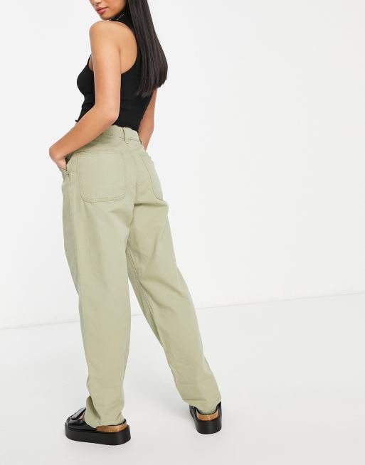 ASOS DESIGN Petite slouchy straight leg trousers in khaki