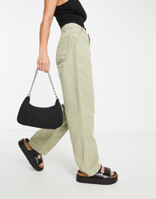 ASOS DESIGN Petite slouchy straight leg trousers in khaki