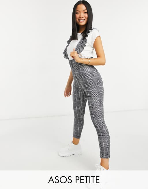 ASOS DESIGN Petite - Smalle geruite tuinbroek-unitard met bandjes met ruches in zwart-wit