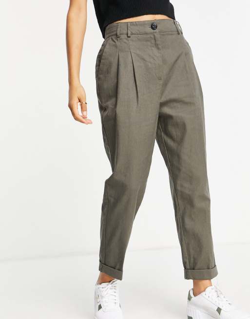 ASOS DESIGN Petite - Smalle højtaljede peg-bukser i khakigrønt hør, 4 af 4