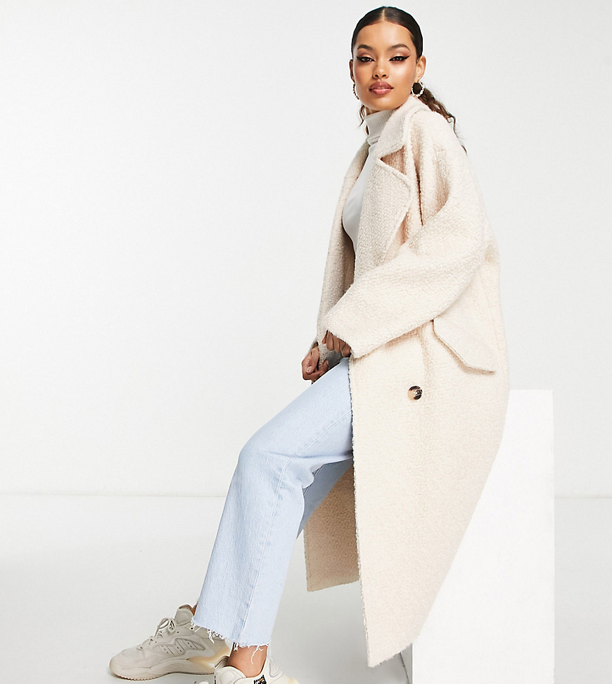 ASOS DESIGN Petite smart double breasted boucle wool mix coat in cream-White