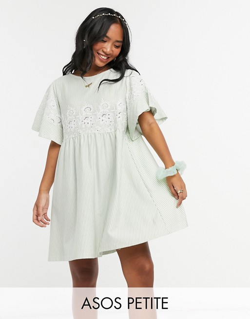 ASOS DESIGN Petite smock mini dress in stripe with embroidery detail in sage and white
