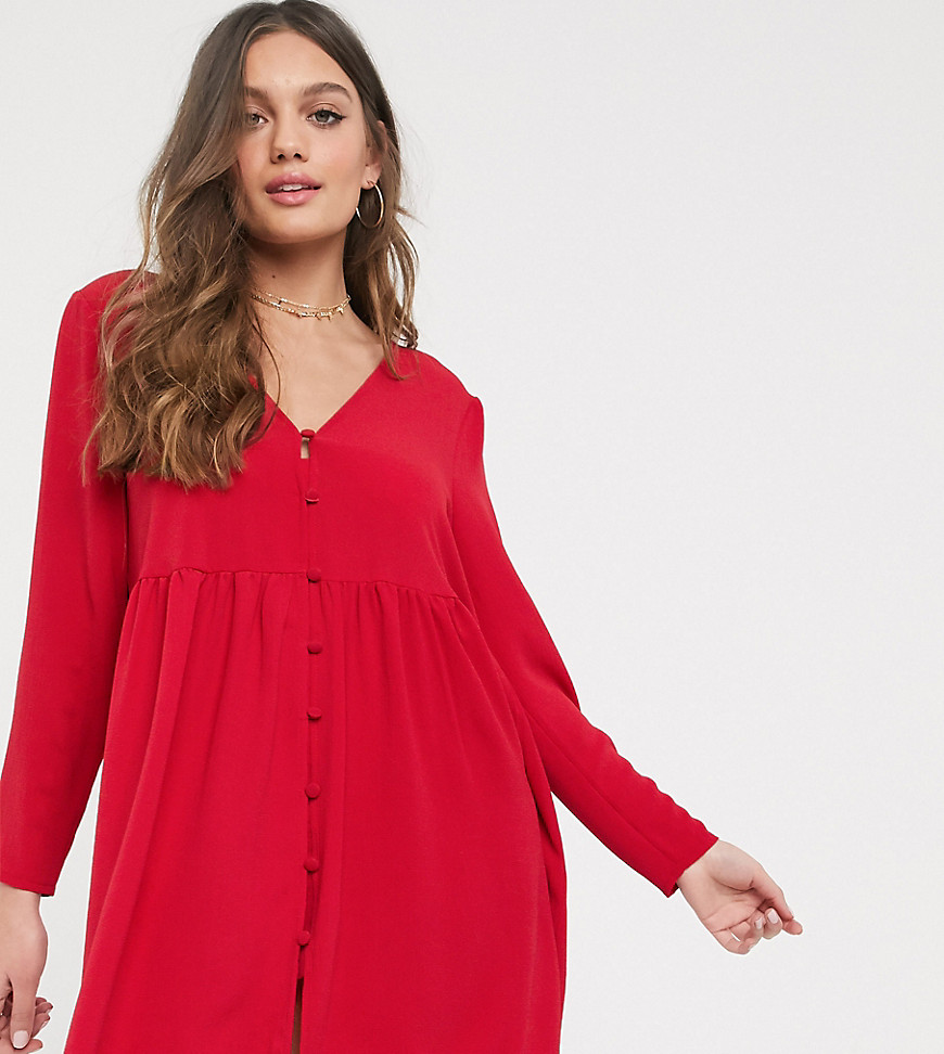 ASOS DESIGN Petite smock mini dress with button through in red