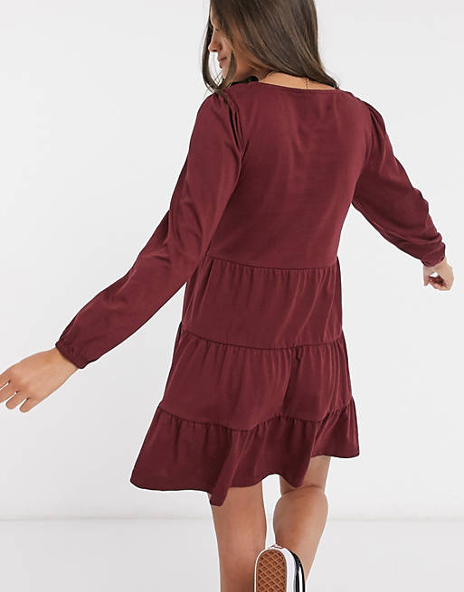 Women Petite smock mini dress with tiered hem with long sleeve in port 