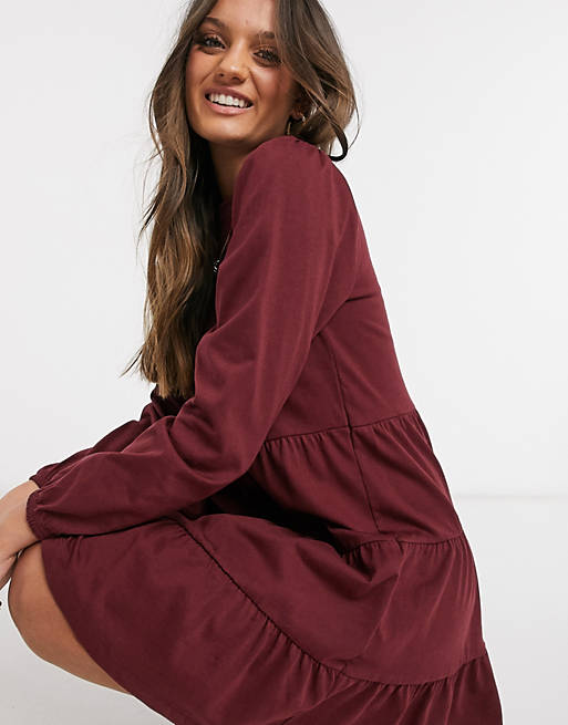 Women Petite smock mini dress with tiered hem with long sleeve in port 
