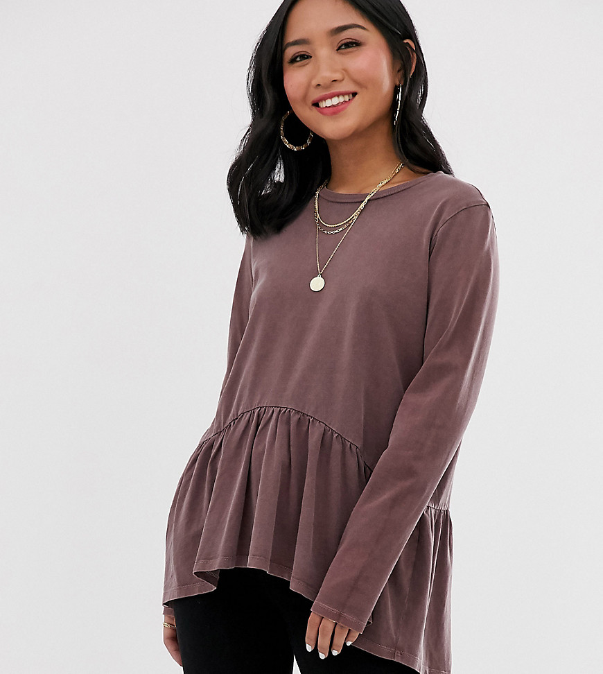 ASOS DESIGN Petite smock top with long sleeve in wash-Purple