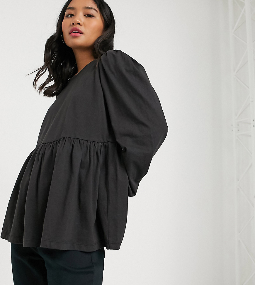 ASOS DESIGN Petite smock with blouson long sleeve and tie back-Black