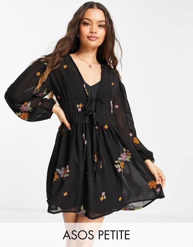 ASOS Petite - ASOS DESIGN Petite soft all over embroidered mini dress in black