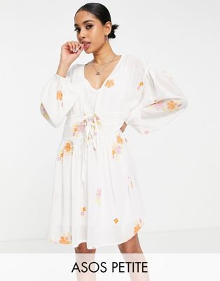 ASOS DESIGN Petite soft all over embroidered mini dress in white  - ASOS Price Checker