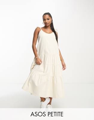 ASOS DESIGN Petite soft denim maxi dress with tie straps in ecru-Neutral