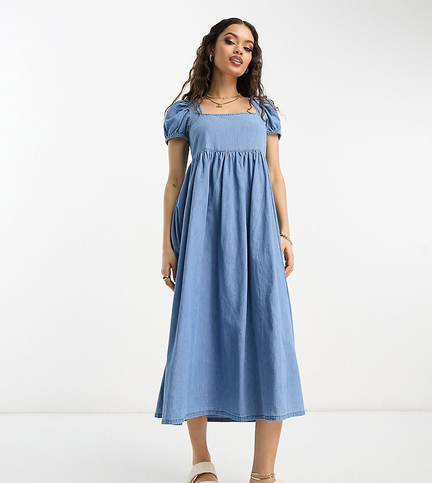 ASOS DESIGN Petite soft denim midi dress with puff sleeve in lightwash blue
